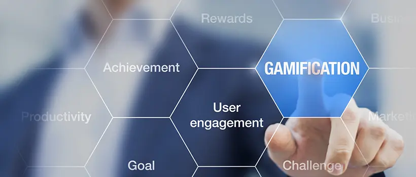 A individual pressing a "Gamification" hexagon on a digital illustration. 