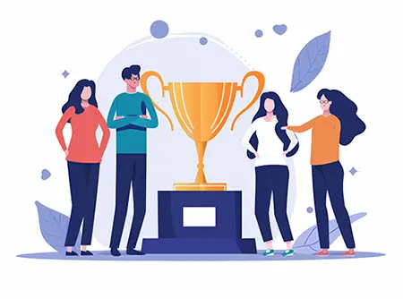 An illustration of employees standing near a life sized trophy.