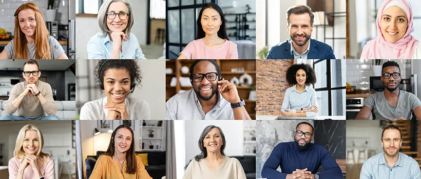 A grid of 15 portrait photographs of people from various ages, races, and genders.