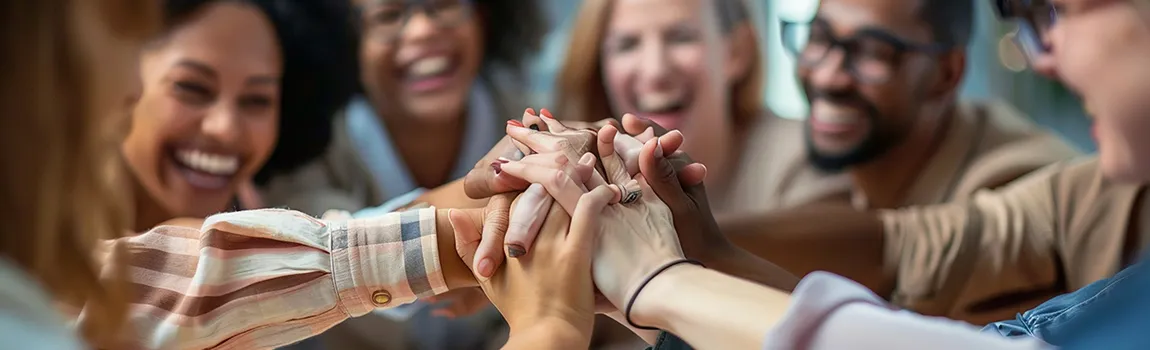 A group of people holding hands with one another.